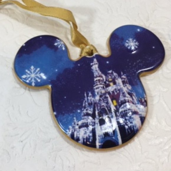 NWT Disney Parks Mickey Mouse Ceramic Christmas 2 Sided Ornament Castle & Wreath - Picture 3 of 8